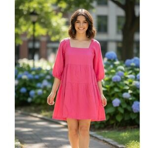 Beyond Words Mini Dress Womens Sz XS Pink Square Neck Tiered Babydoll Minimalist